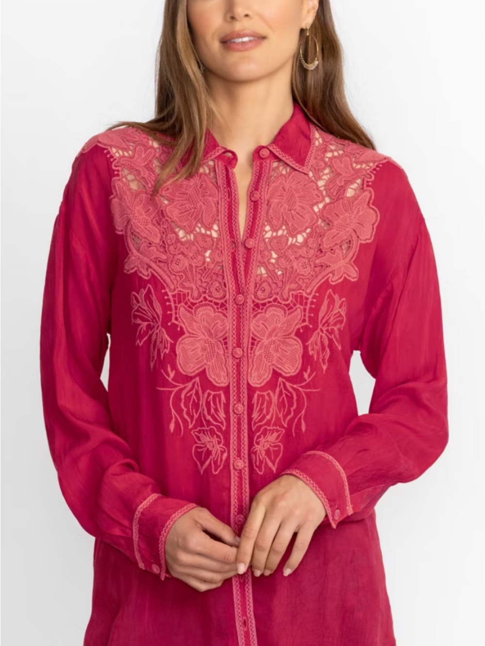 Johnny Was Gillian Blouse Pink Embroidered Lace-Trim Button Down & camisole